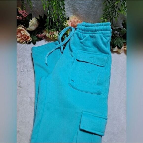 NWT Reasons Baxter Multi pocket Cargo Sweatpants/Joggers in Aqua - Picture 2 of 8